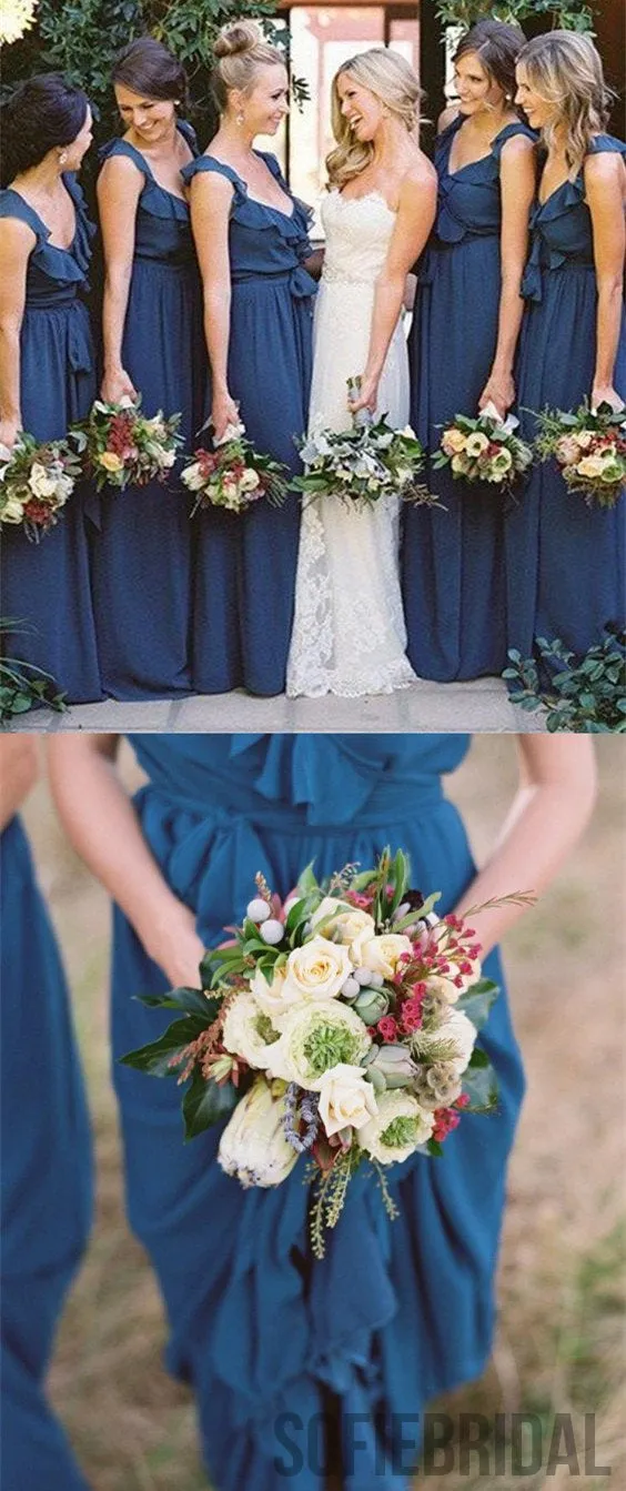 Modest A-line Floor-length V-neck Long Chiffon Bridesmaid Dresses, BD1032