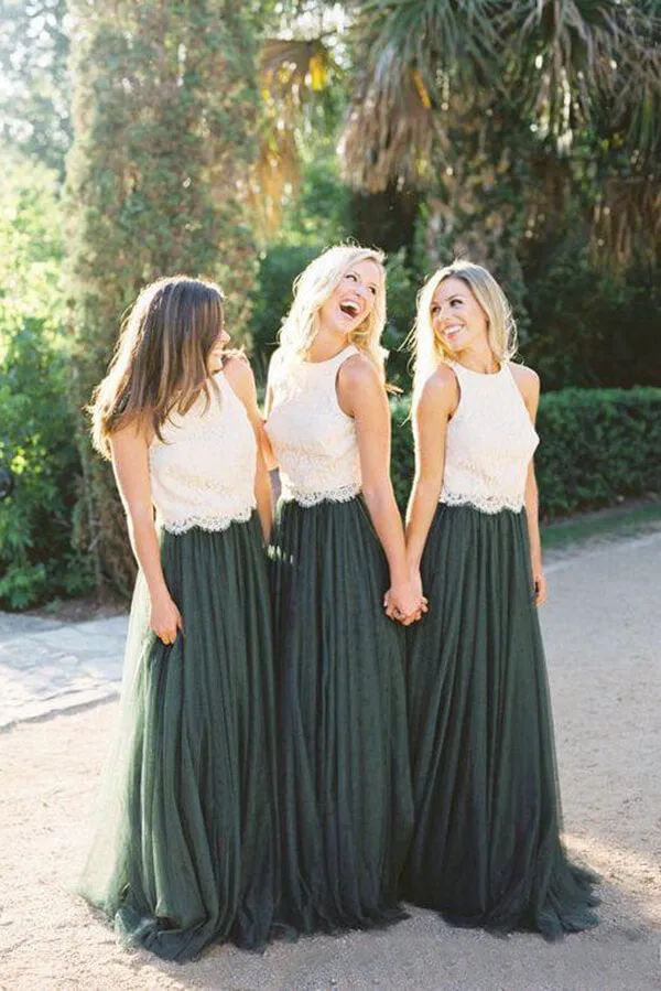 Modest Ivory Lace Forest Green Tulle Top Round Neck Bridesmaid Dress, MBD154