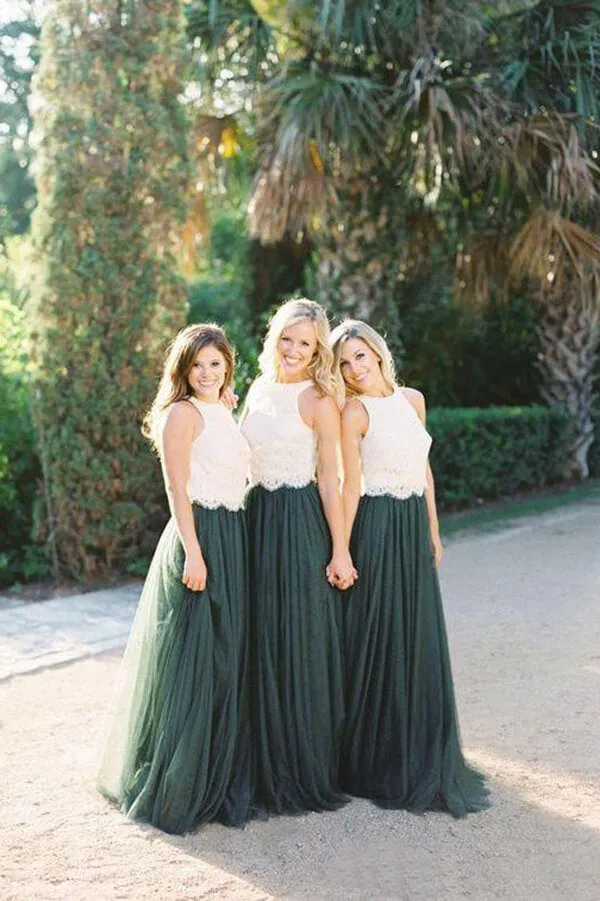 Modest Ivory Lace Forest Green Tulle Top Round Neck Bridesmaid Dress, MBD154