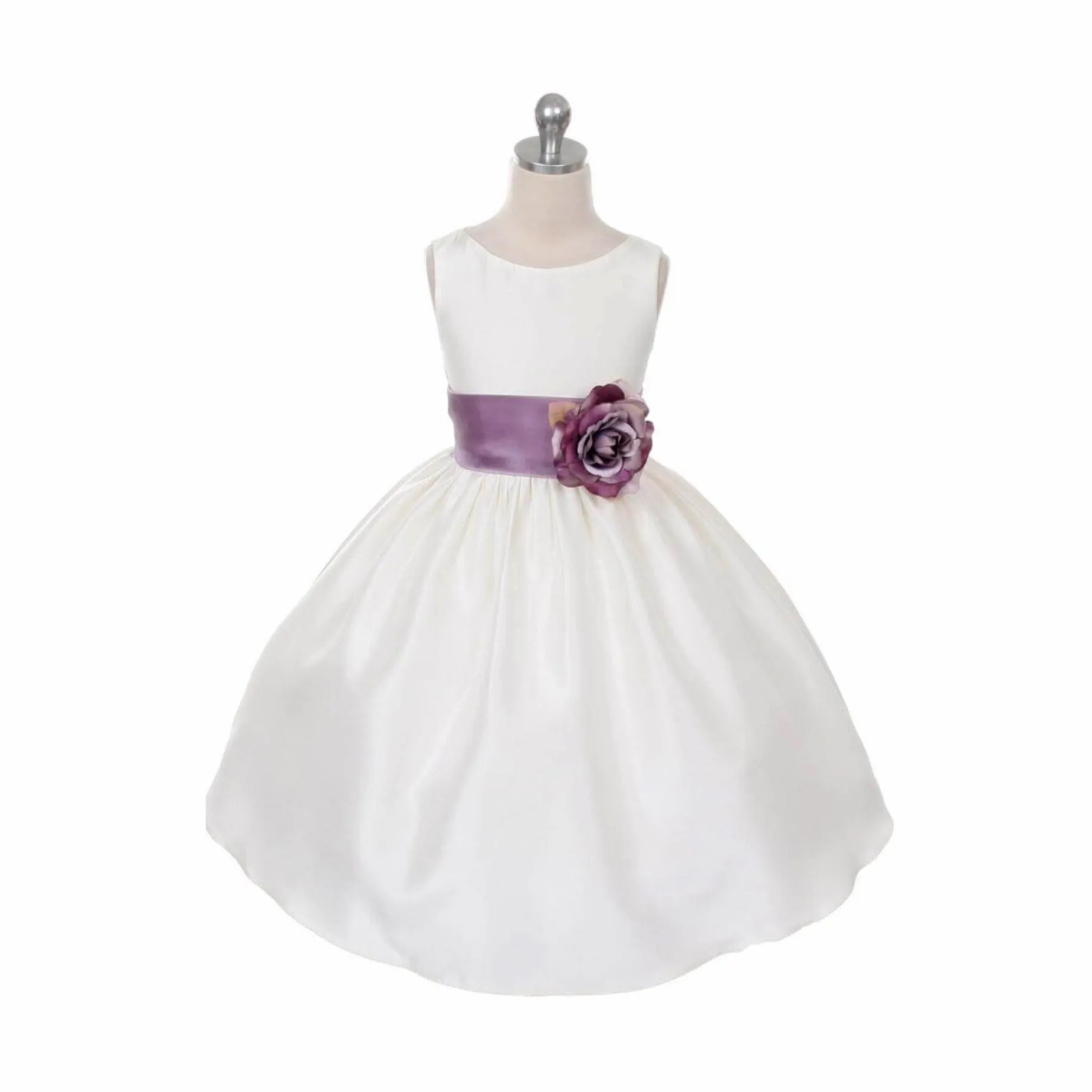 Morgan - Bridal Ivory or White - Purple Sash and Flower