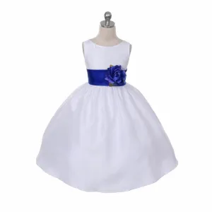 Morgan - Bridal Ivory or White - Royal Blue Sash and Flower