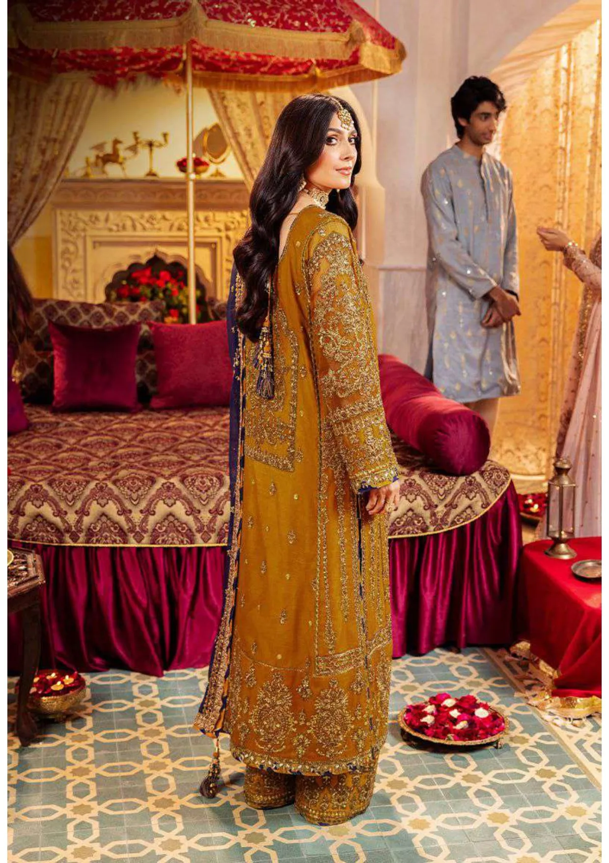 Mustard Embroidered Royal Pakistani Wedding Wear Salwar Kameez