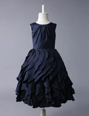 Navy Blue Taffeta flower girl dress With Ruffle Skirt