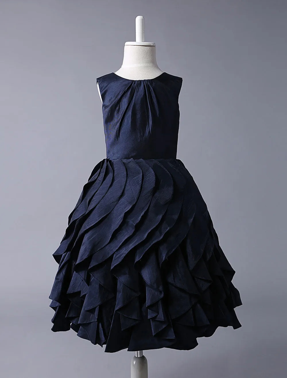 Navy Blue Taffeta flower girl dress With Ruffle Skirt