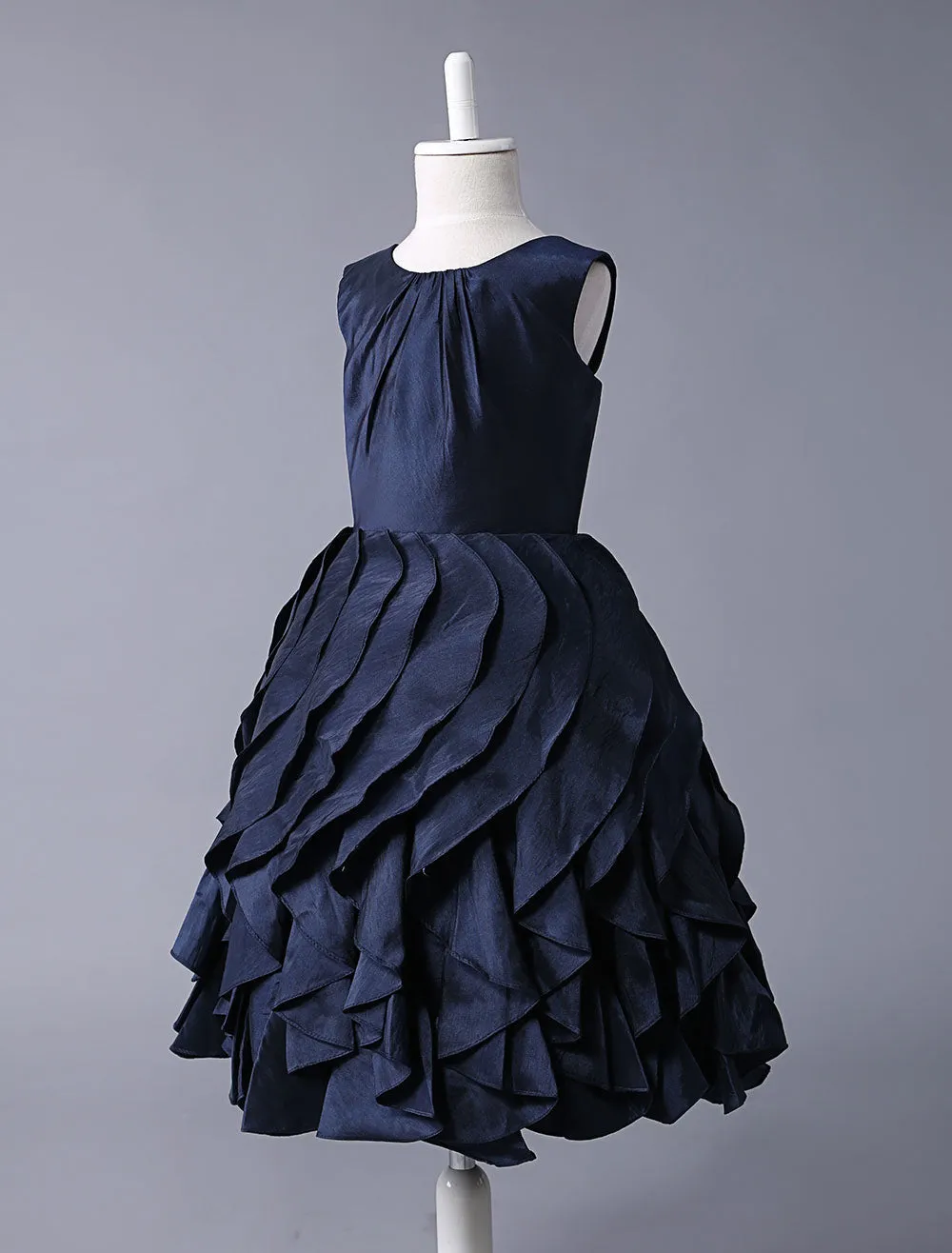 Navy Blue Taffeta flower girl dress With Ruffle Skirt