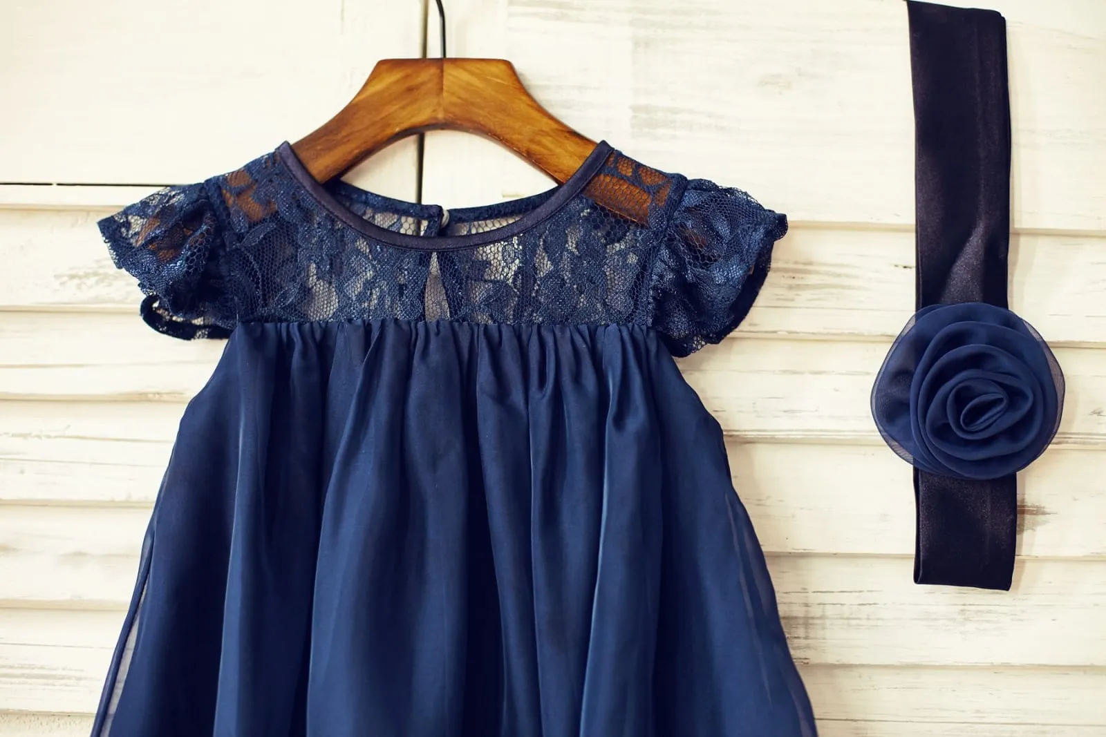 Navy Blue/Ivory/Pink/Gray Lace Chiffon Cap Sleeves Flower Girl Dress