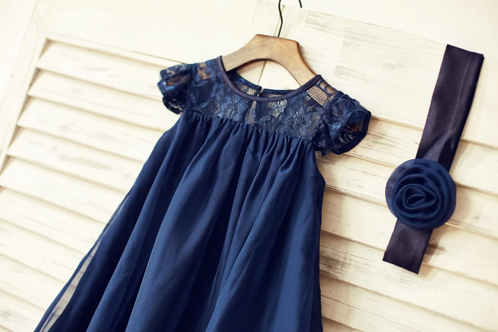 Navy Blue/Ivory/Pink/Gray Lace Chiffon Cap Sleeves Flower Girl Dress