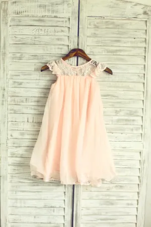 Navy Blue/Ivory/Pink/Gray Lace Chiffon Cap Sleeves Flower Girl Dress
