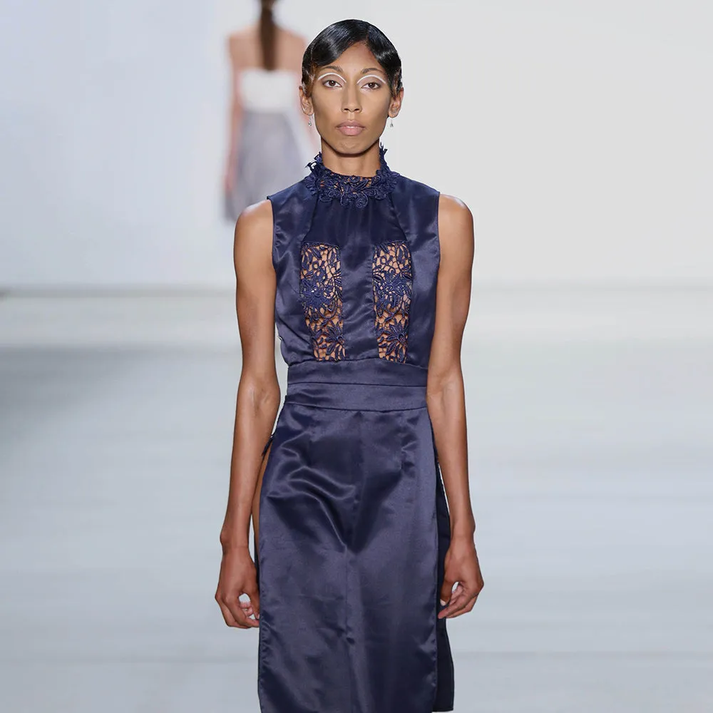 Navy Satin and Lace Dress