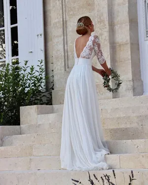 New 2020 A-line Wedding Dresses with V-Neck 3/4 Lace Sleeve Tulle Skirt Bridal Gowns