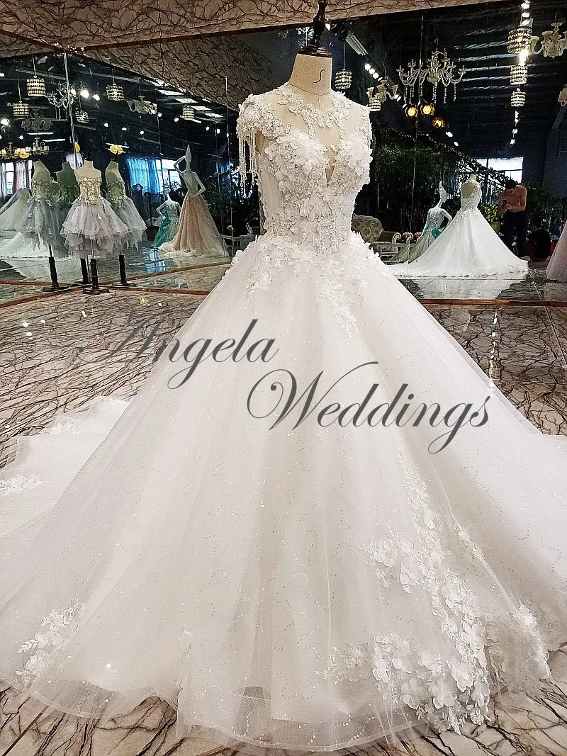 New Arrival 2018 Blush Pink Lace Ball Gown Wedding Dresses with Flowers