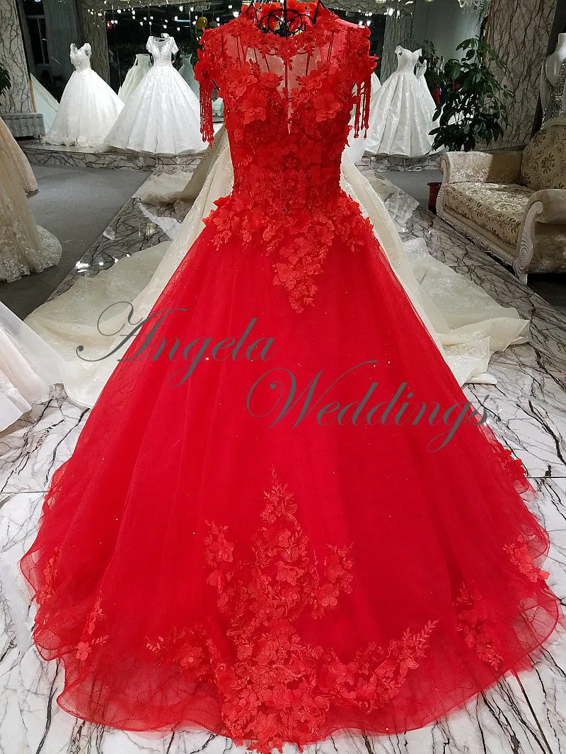 New Arrival 2018 Blush Pink Lace Ball Gown Wedding Dresses with Flowers