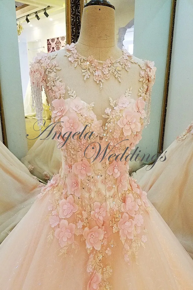 New Arrival 2018 Blush Pink Lace Ball Gown Wedding Dresses with Flowers