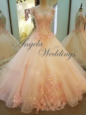 New Arrival 2018 Blush Pink Lace Ball Gown Wedding Dresses with Flowers
