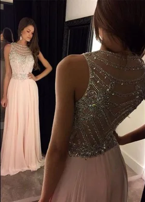 Newest Crystals Illusion Floor-length Chiffon A-line Evening Dress 2016-323531