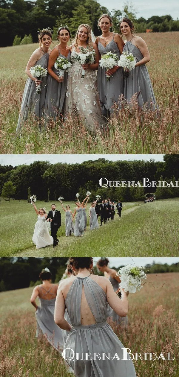 Newest Mismatched Charming Grey Chiffon A-line Long Cheap Wedding Party Bridesmaid Dresses, BDS0010