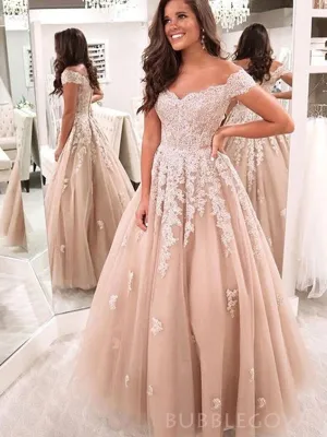 Off Shoulder A-line Long Tulle Evening Prom Dresses, Cheap Custom Prom Dress, MR8205
