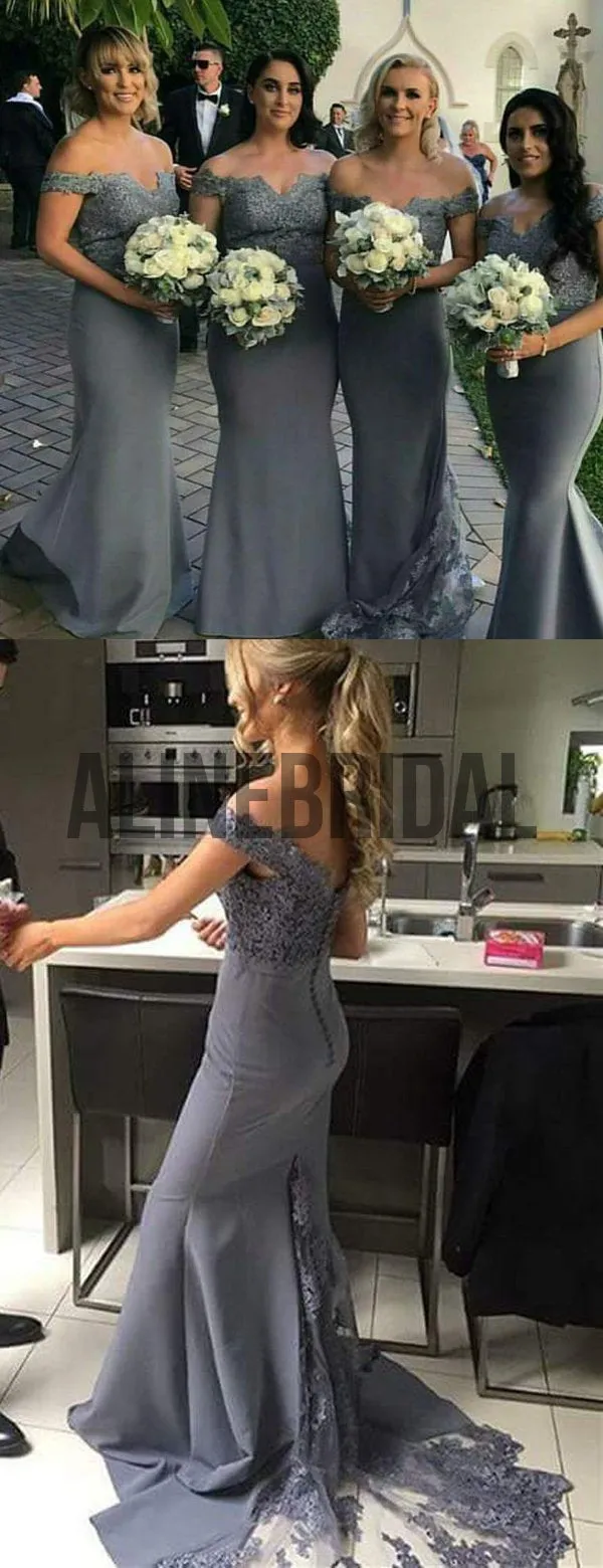 Off Shoulder Grey Lace Mermaid Long Bridesmaid Dresses , AB4017