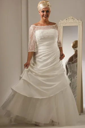 Off Shoulder Lace Half Sleeve Taffeta Bridal Gown With Tulle Skirt-MK_703731