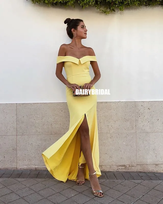 Off Shoulder Yellow Jersey Slit Backless Simple Prom Dresses, FC2432