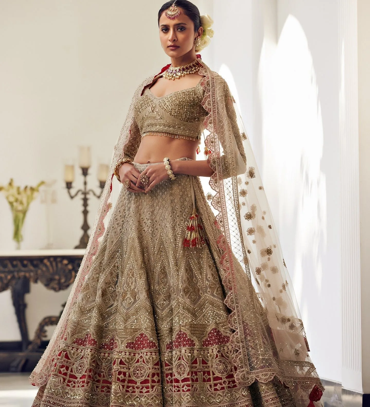 Off White and Red Lehenga Choli Dupatta Bridal Dress