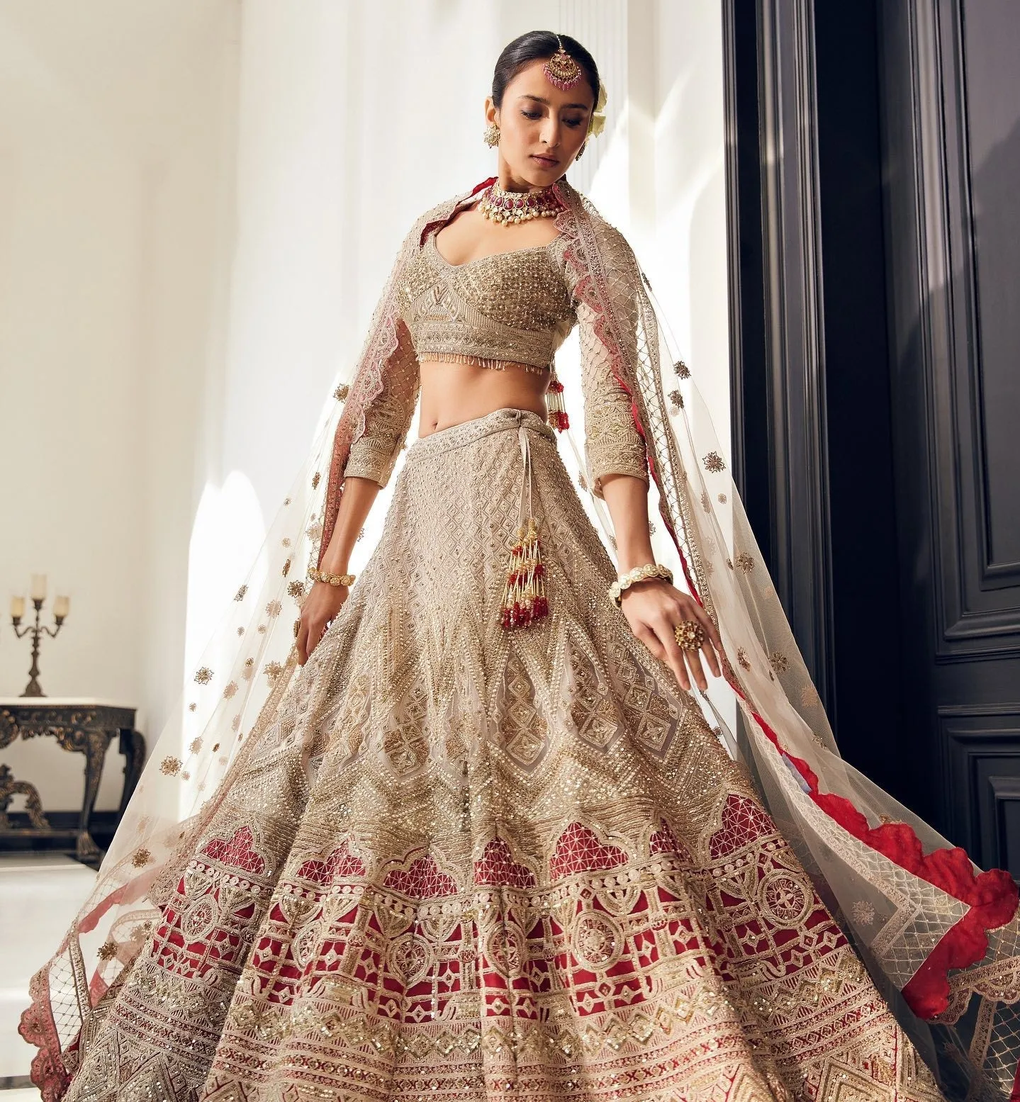 Off White and Red Lehenga Choli Dupatta Bridal Dress