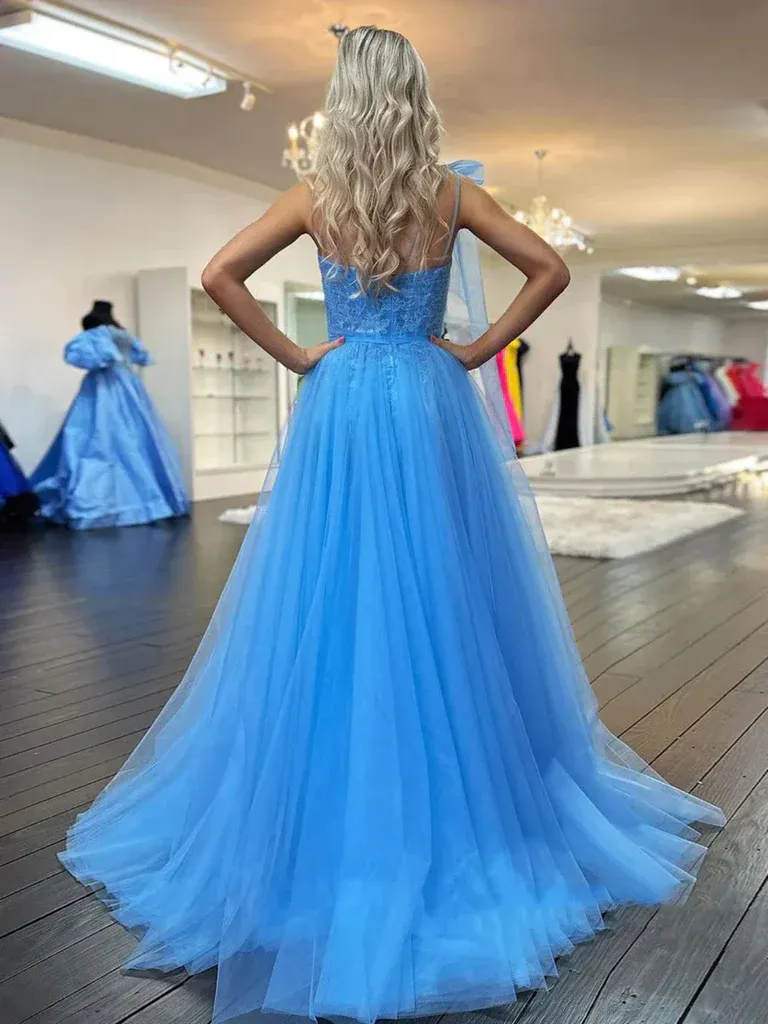 One Shoulder Blue Lace Long Prom Dresses with High Slit,  One Shoulder Blue Formal Evening Dresses