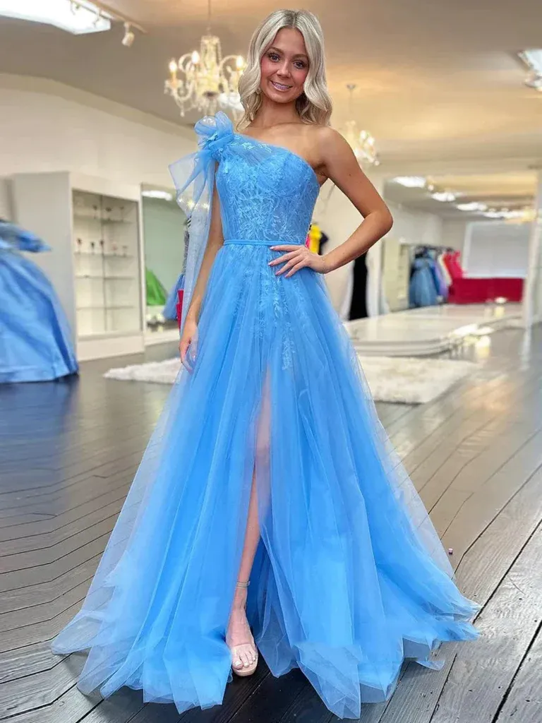 One Shoulder Blue Lace Long Prom Dresses with High Slit,  One Shoulder Blue Formal Evening Dresses