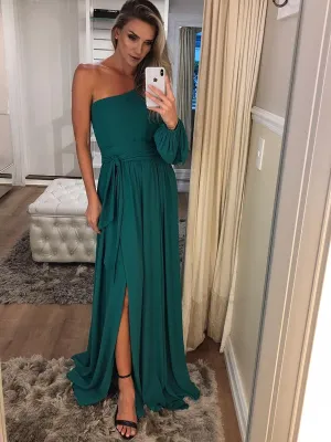 One Shoulder Long Sleeve Teal Chiffon Prom Dresses,PD00343