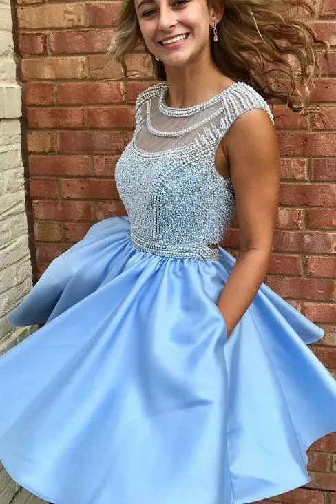 Open Back Blue Cap Sleeve Soop Short Cheap Homecoming Dresses Online, BDY0280