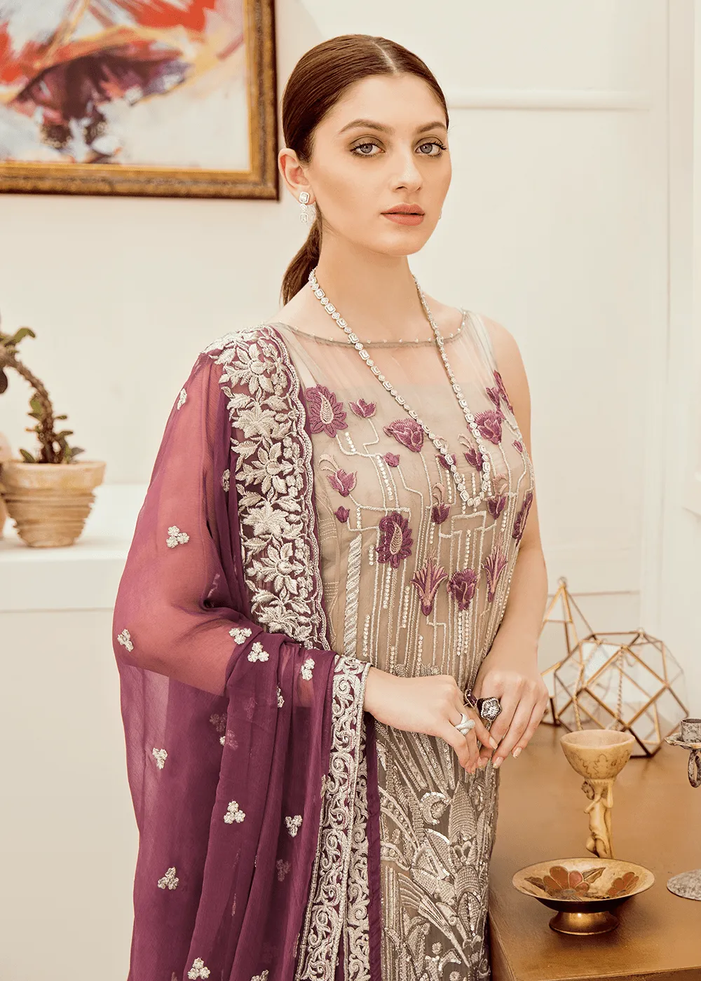 Pakistani  fancy chiffon outfit in decent grey color # P2284