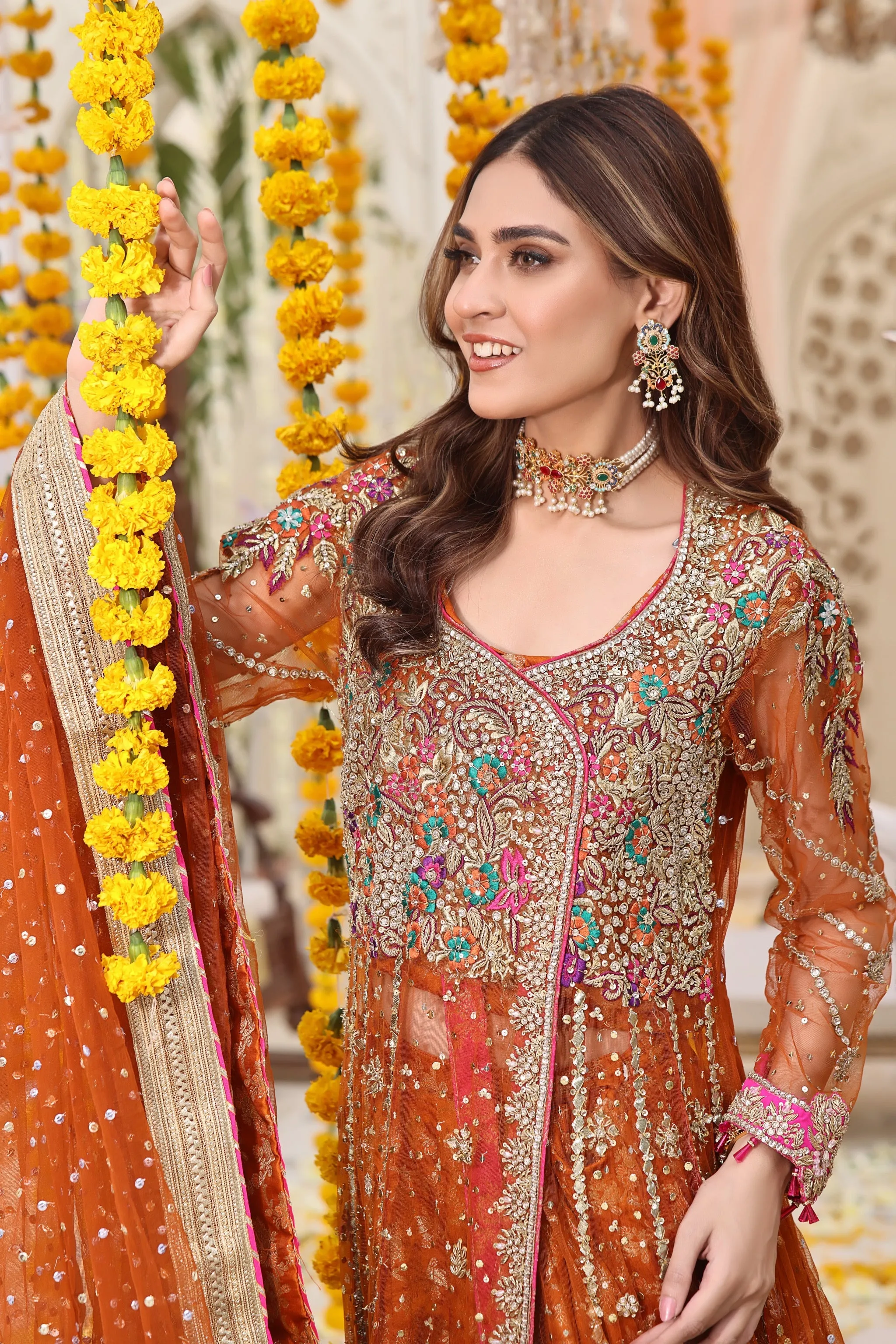 Pakistani Mehndi Dress in Angrakha and Lehenga Style