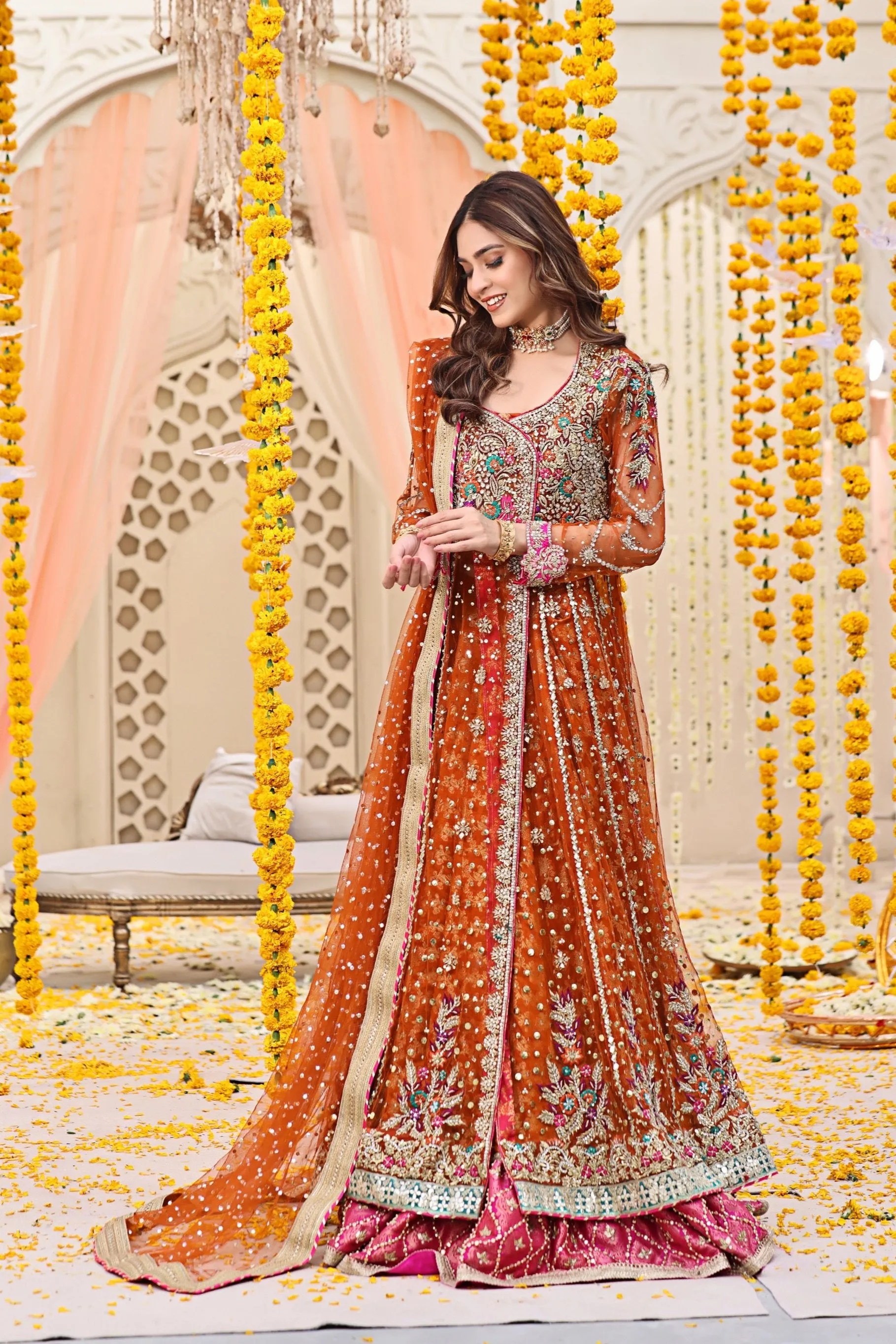 Pakistani Mehndi Dress in Angrakha and Lehenga Style