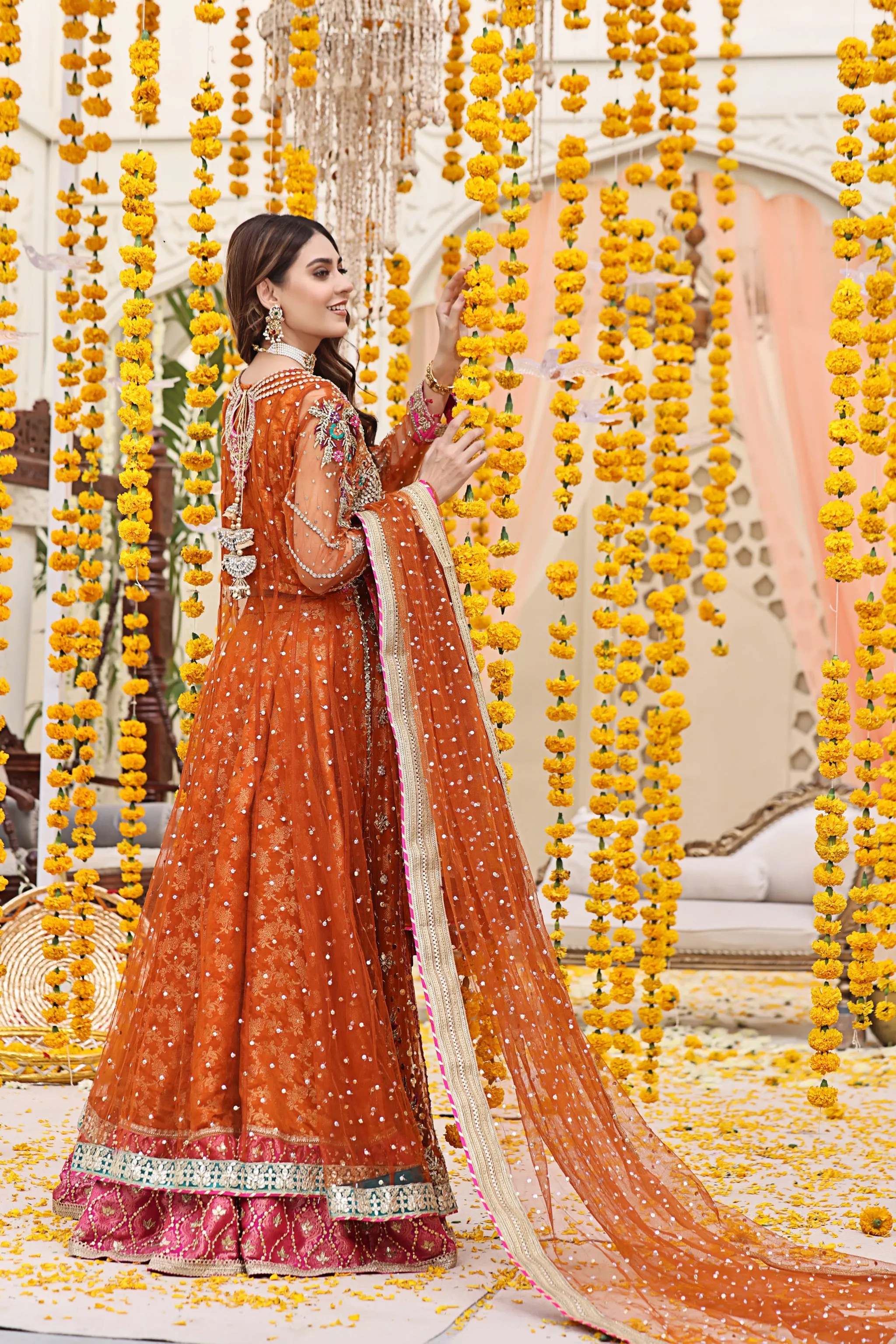 Pakistani Mehndi Dress in Angrakha and Lehenga Style
