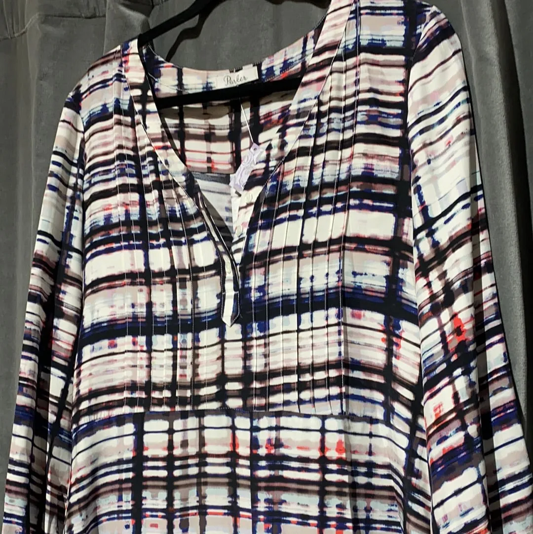 Parker Plaid Silk print Three Quarter Sleeve Short Dress