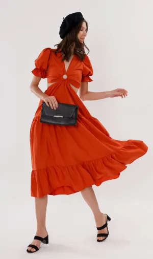 PHAYRE Cut-Out Puff-Sleeve Midi Dress (Fire)