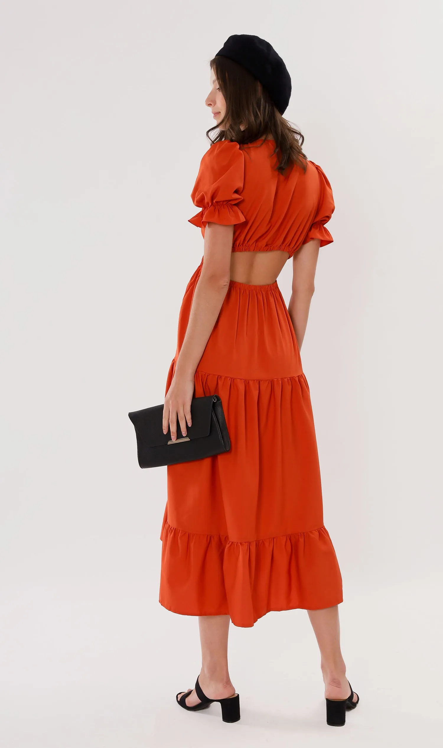 PHAYRE Cut-Out Puff-Sleeve Midi Dress (Fire)