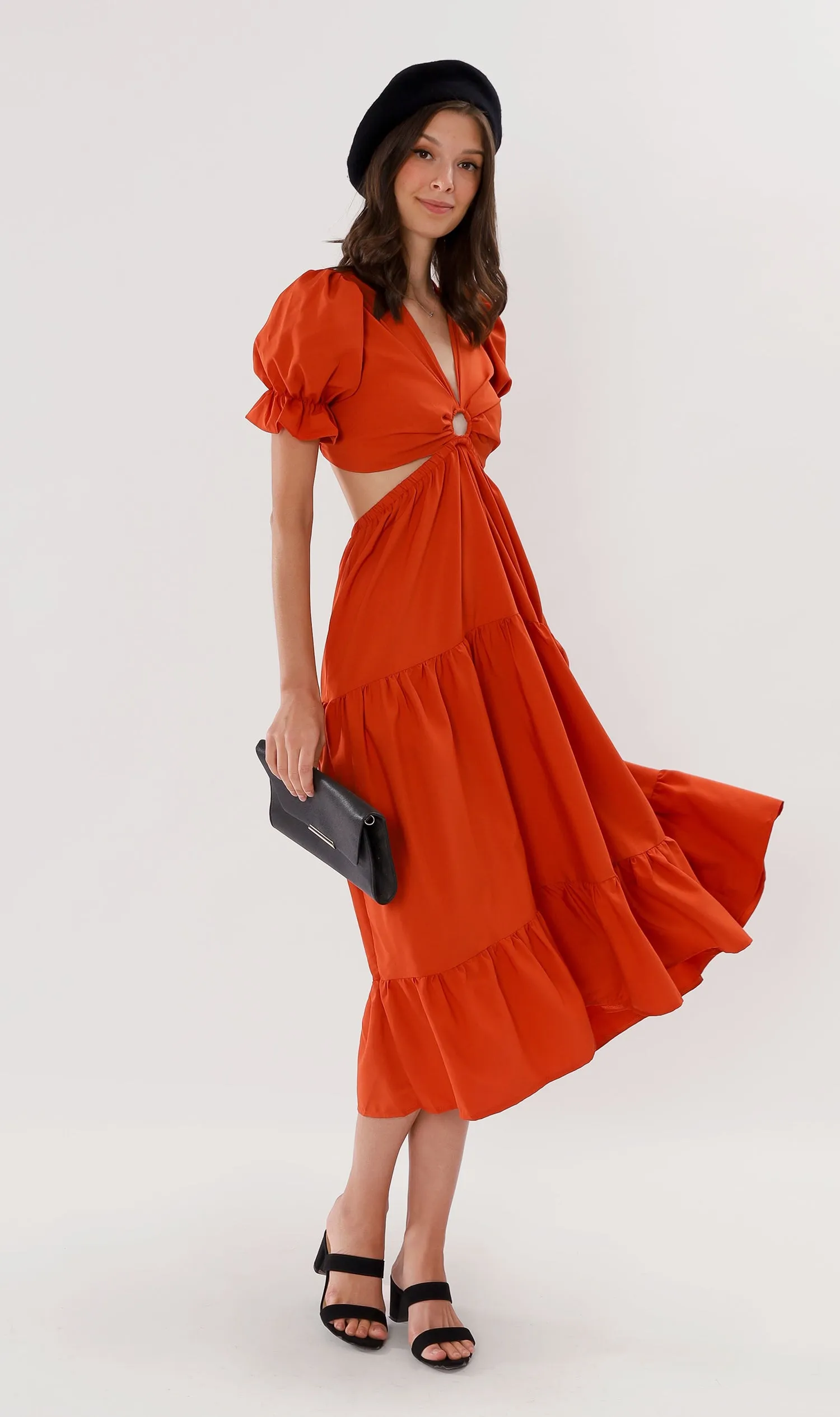 PHAYRE Cut-Out Puff-Sleeve Midi Dress (Fire)