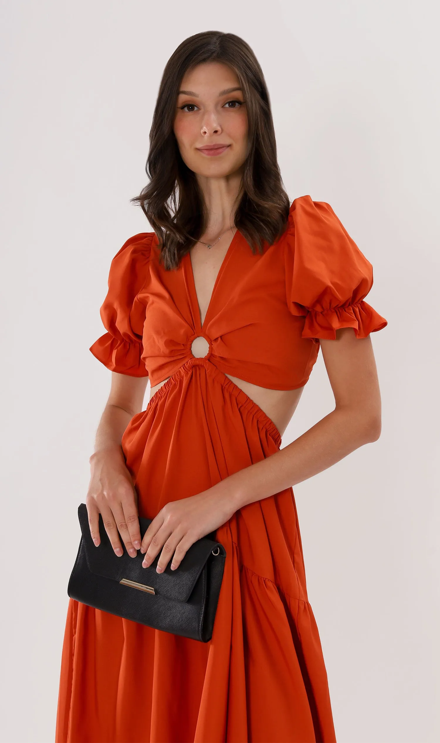 PHAYRE Cut-Out Puff-Sleeve Midi Dress (Fire)