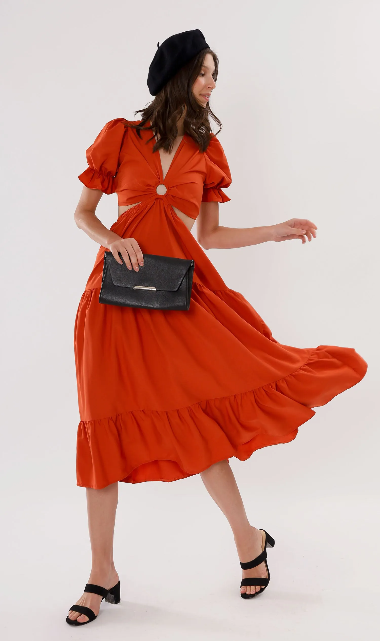 PHAYRE Cut-Out Puff-Sleeve Midi Dress (Fire)