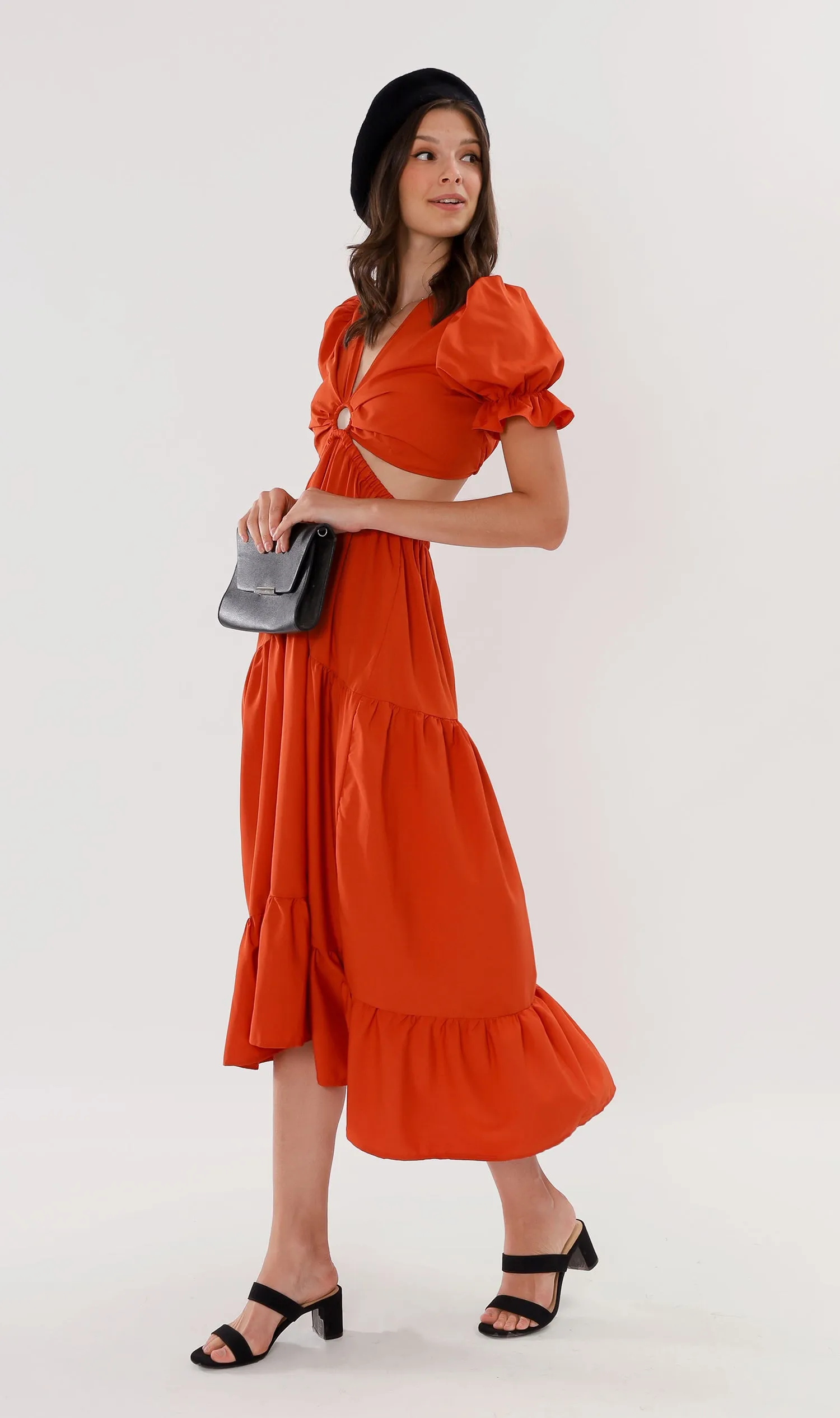 PHAYRE Cut-Out Puff-Sleeve Midi Dress (Fire)
