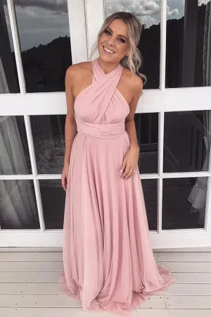 Pink Chiffon A-line Cross Neck Backless Long Bridesmaid Dresses, MBD155