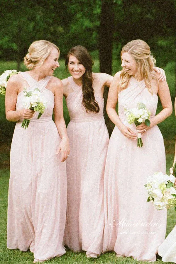 Pink Chiffon A-line Floor Length Simple Long Bridesmaid Dresses, MBD233