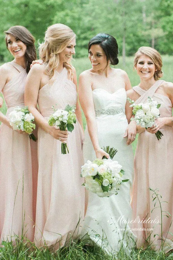 Pink Chiffon A-line Floor Length Simple Long Bridesmaid Dresses, MBD233