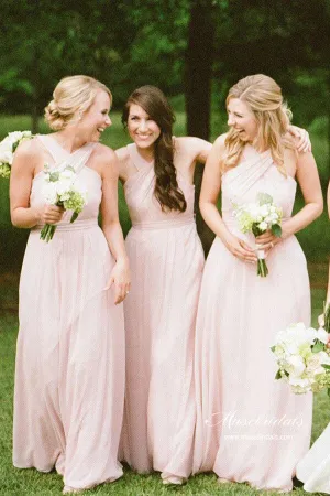 Pink Chiffon A-line Floor Length Simple Long Bridesmaid Dresses, MBD233