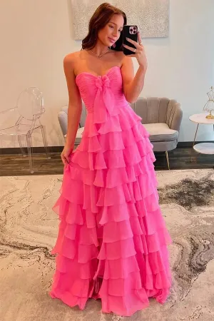 Pink Chiffon Tiered A-line Sweetheart Neck Prom Dresses With Bow, MP980