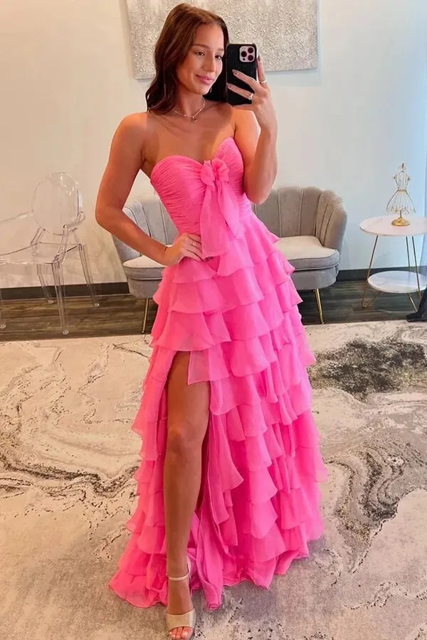 Pink Chiffon Tiered A-line Sweetheart Neck Prom Dresses With Bow, MP980
