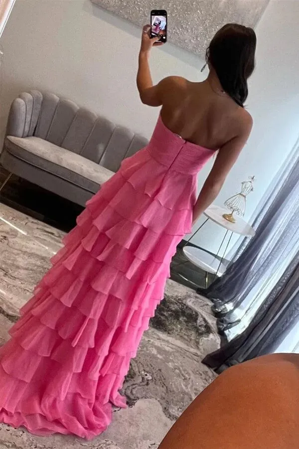 Pink Chiffon Tiered A-line Sweetheart Neck Prom Dresses With Bow, MP980