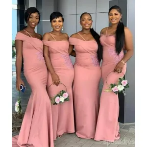 Pink One shoulder Mermaid Lace Applique Long Bridesmaid Dresses Gown Online,WG1101