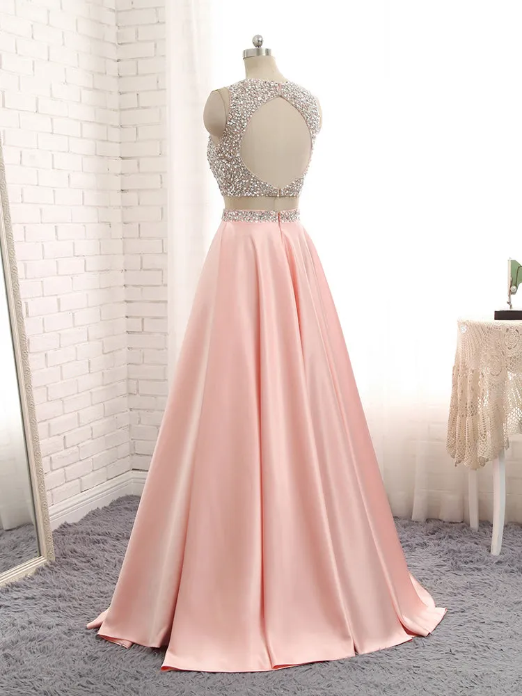 Pink Satin Two Piece Backless Prom Dress
